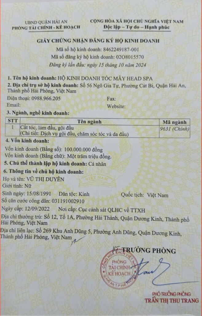Giấy phép kinh doanh Tóc Mây Head Spa